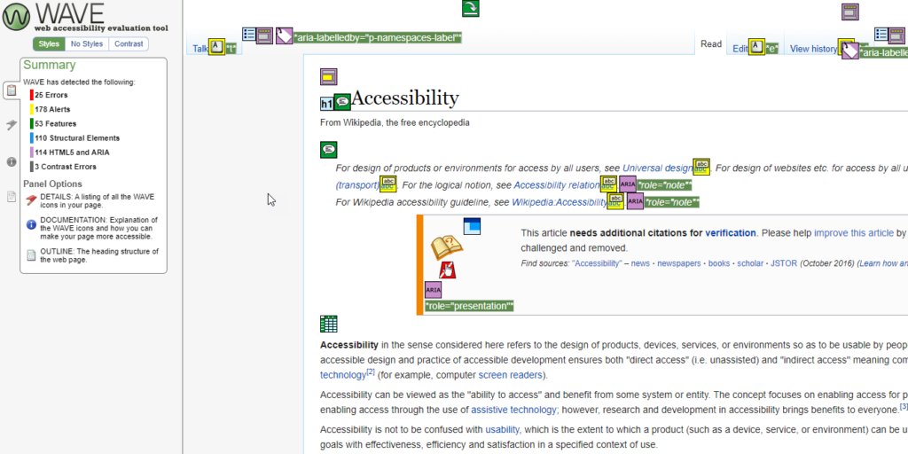 WAVE accessibility checker, showing the tool checking a website for accessibility.