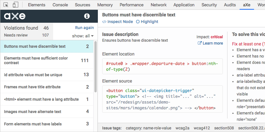 Axe accessibility checker, showing the tool checking a website for accessibility and laying out contrast issues.