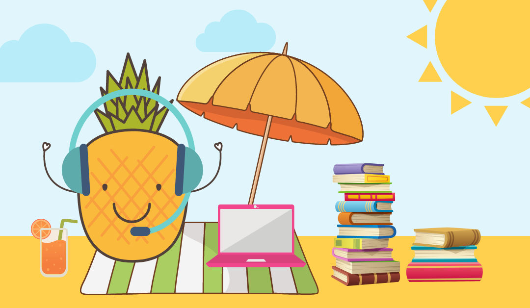 Pineapple on Beach with Lots of Books and Laptop