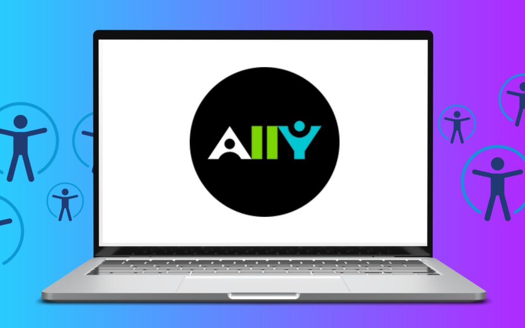 Ally Logo on a laptop with accessibility symbols in back