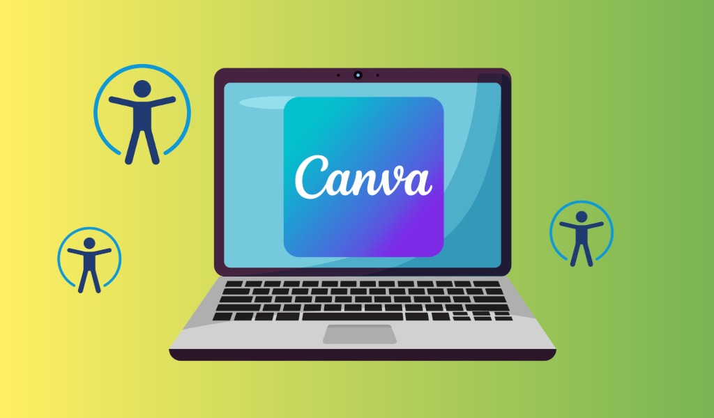 Image of Canva logo on laptop with accessibility symbols