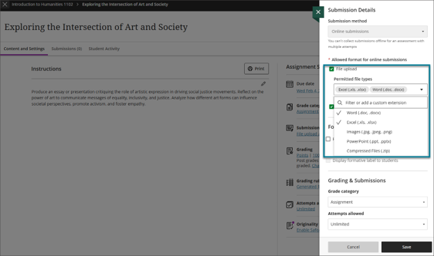 Screenshot of Blackboard showing the allowed format for online submissions menu highlighted