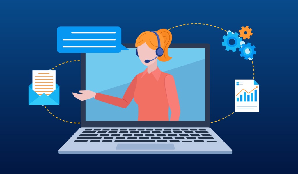 Laptop screen showing person talking and various help items