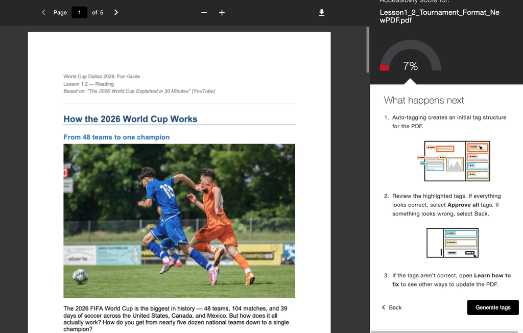 Screenshot of an untagged PDF document with new instructor feedback guidance in Ally