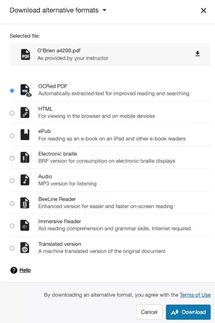 Screenshot of the Alternative Formats download window